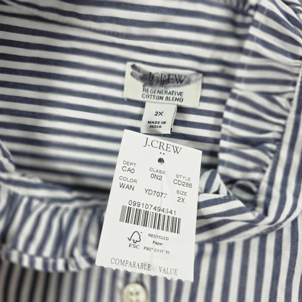 J.Crew Women 2X Blue Striped Ruffleneck Collar Button Up Shirt Cotton Blend